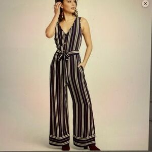 Striped sleeveless jumpsuit with belt wide leg v-neck